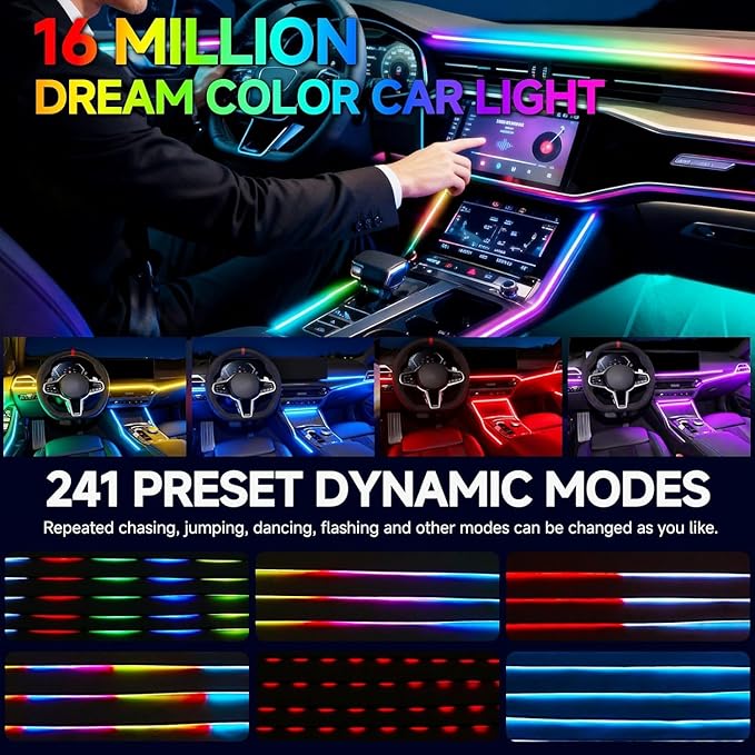 Interior Car LED Strip Lights,Acrylic LED Lights for Car with Dynamic Dreamcolor Chasing,57in USB 2 in 1 RGB Neon Strip Fiber Optic LED Ambient Lighting Kits with Remote APP,for Inside car Decorations