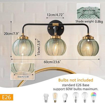 3-Light Bathroom Vanity Light Black Wall Mount Light with Green Glass Shade, Mid Century Wall Sconce Lights Modern Vanity Lamp for Over Mirror Bedroom Hallway