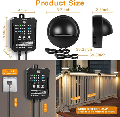Low Voltage LED Deck Lights Kit with Plug-in Transformer, Dusk-to-Dawn Timer and Photocell Sensor, 3000K Warm White IP67 Waterproof Outdoor Step Lights for Deck Stairs, Railing, Fence, Patio (6 Pack)