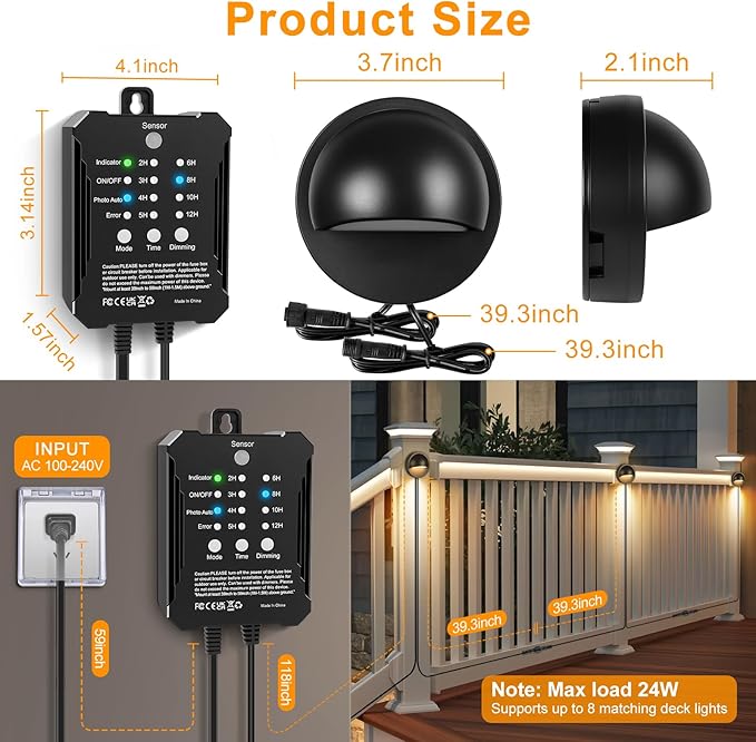 Low Voltage LED Deck Lights Kit with Transformer, Dusk-to-Dawn Outdoor Step Lights Waterproof IP67, Warm White, Dimmable Surface-Mount Landscape Lighting for Stairs, Deck, Patio, Railing (4 Pack)