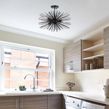 20in Black Sputnik Ceiling Light Fixtures Over Table 4-Lights Starburst Sputnik Chandelier Modern Solid Metal Semi Flush Mount Ceiling Light for Bedroom, Kitchen, Hallway, Laundry Room, E12