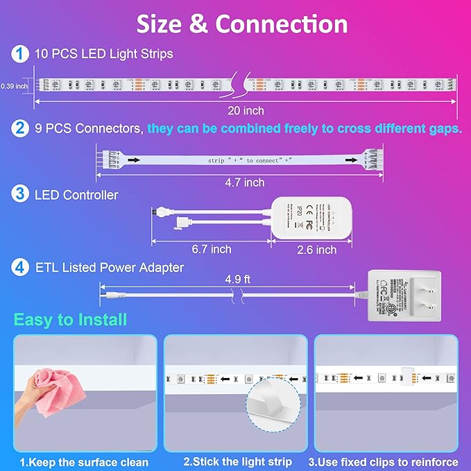 maylit 10 PCS 20In Smart RGB Under Cabinet Lights Kit, Work with Alexa and Google Assistant, App and Remote Control, Music Sync Color Changing, Timer, Dimmable, for Cabinet, Counter, Shelf, Bookcase