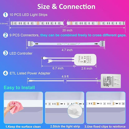 maylit 10 PCS 20In Smart RGB Under Cabinet Lights Kit, Work with Alexa and Google Assistant, App and Remote Control, Music Sync Color Changing, Timer, Dimmable, for Cabinet, Counter, Shelf, Bookcase
