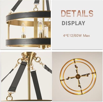 Farmhouse Ceiling Chandelier,18 Inch Antique bronze aluminum black leather belt trim Modern Rustic Hanging Pendant Ceiling Light Fixture for Living room, Dining room, Bedroom, Kitchen（4 Light）