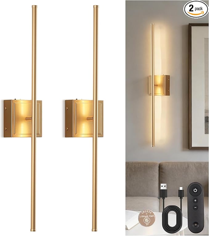 DORESshop Battery Operated Wall Sconces Set of 2, Dimmable Battery Wall Sconce with Remote Control, Gold 350°Rotate Rechargeable Sconces, 28.1 Inch Wireless Wall Lights for Bedroom, Living Room