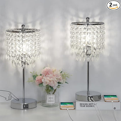 Crystal Table Lamp Set of 2 Touch Control, Crystal Lamps with USB Ports Elegant Shade Bedside Lamp Silver, Dimmable Touch Table Lamp for Nightstand Bedroom Living Room, 4W LED Bulb Included