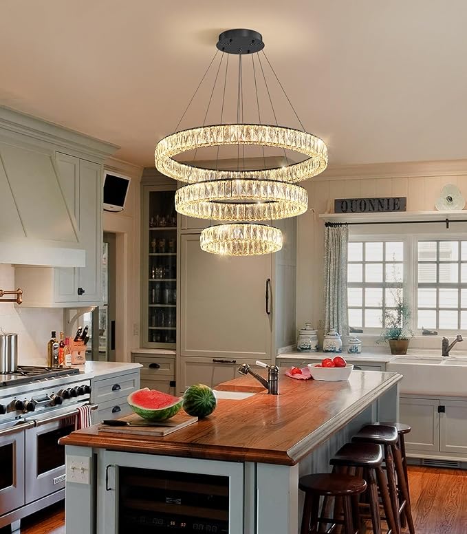 HAIXIANG Modern Glam Chandelier Crystal LED Remote Rings Chandelier Adjustable Hanging Ceilings Pendant Lights Fixture Black 8"+16"+24" Rings Lighting