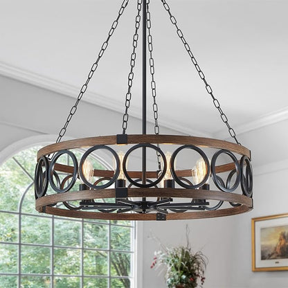 XINGQI Modern Farmhouse Chandelier 32.3" Large Drum 8 Lights Rustic Pendant Lighting Fixture for Living Room Dining Room Kitchen Island Bar Office, Round Metal Shade Black Wood Grain Finish