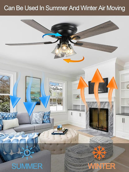 52 Inch Vintage Ceiling Fan with Lights Flush Mount Chandelier Ceiling Fan Indoor Farmhouse Rustic Chandelier Low Profile Antique Fandelier, 3 LED Light Bulbs Base, for Bedroom Living Room