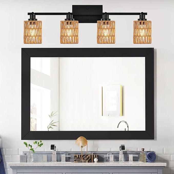 MELUCEE 4 Light Track Lighting Kit Farmhouse Bathroom Light Fixtures Black Ceiling Spotlight Fixture with Rattan Lamp Shade for Hallway Porch Foyer Bath Storage