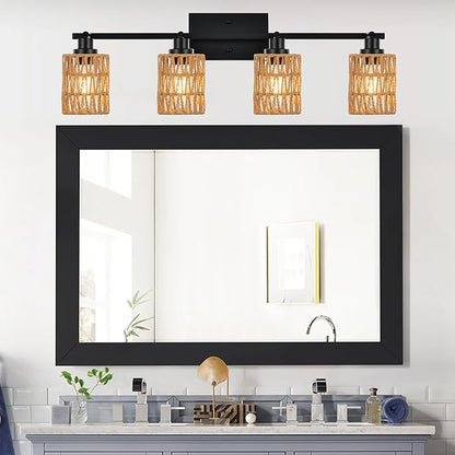 MELUCEE 4 Light Track Lighting Kit Farmhouse Bathroom Light Fixtures Black Ceiling Spotlight Fixture with Rattan Lamp Shade for Hallway Porch Foyer Bath Storage