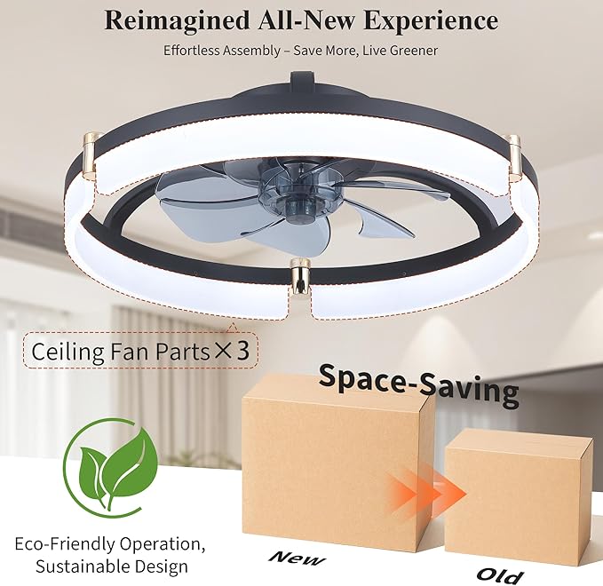 Ceiling Fans with Remote and Lights Fandelier - 20'' Low Profile Flush Mount Modern Black Ceiling Fans for Bedroom - 6 Speeds and Stepless Color Temperature Change