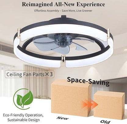 Ceiling Fans with Remote and Lights Fandelier - 20'' Low Profile Flush Mount Modern Black Ceiling Fans for Bedroom - 6 Speeds and Stepless Color Temperature Change