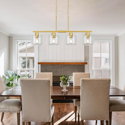 4-Light Brushed Gold Kitchen Island Lighting, Modern Linear Dining Room Chandelier Light Fixtures with Clear Glass and Chain, Mid Century Hanging Lights for Kitchen Island, OS-YQ8153-4ISBGC