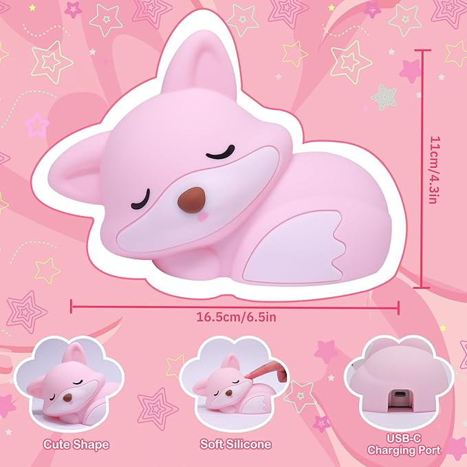 OkiyiD Pink Fox Night Light Toy Gifts for Girls, Cute Fox Squishy Lamp for Daughter Gifts, Dimmable Rechargeable Silicone Animal Night Light, Sweet Birthday Xmas Gift for Girls Room Pink Decor