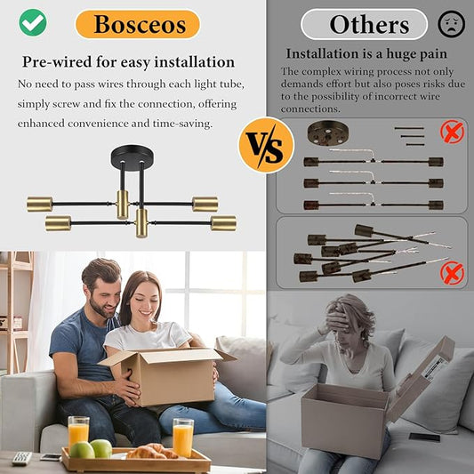 Bosceos Semi Flush Mount Ceiling Light Fixture, 4-Light Modern Black and Gold Sputnik Chandelier Industrial Ceiling Lamp for Kitchen Dining Room Living Room Bedroom Foyer