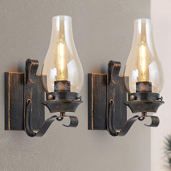 Yisuro Wall Sconces Sets of 2, Oil Rubbed Bronze Hardwired Wall Sconce Indoor, Retro Rustic Wall Lamps with Amber Glass,Vintage Bedside Sconces Wall Lighting for Living Room Bathroom