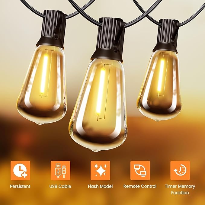 OHLUX 60FT Solar Globe String Lights Outdoor, Shatterproof Solar Patio Lights with Remote, 27 Dimmable LED Filament ST38 Bulbs, 2200K Soft Warm White Edison Hanging Light for Outside Canopy Deck