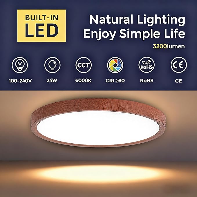 12 Inch LED Wood Grain Flush Mount Ceiling Light Fixture, Modern 22W Round Flat Overhead 3000K-4000K-6000K Selectable Ceiling lamp for Bedroom, Living Room, Kitchen, Entryway