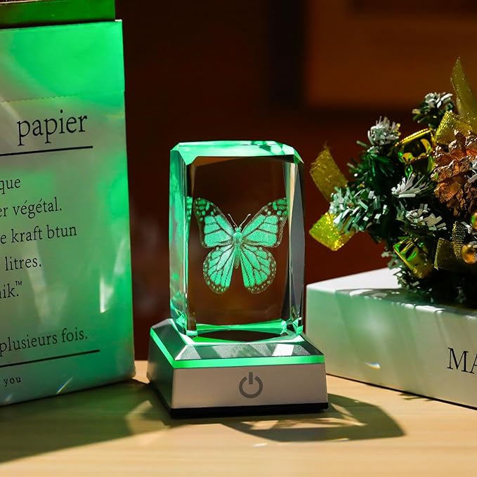3D Crystal Butterfly for Mom Women or Men, Laser Etched Glass Butterfly Figurine Decor Stuff with Colorful LED Base Nature Lovers Keepsakes Paperweight Gifts for Birthday