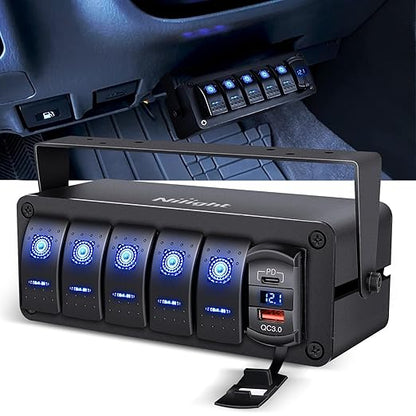 Nilight 5 Gang Rocker Switch Box 12V SPST ON Off Switches PD Type C and QC 3.0 USB Charger Voltmeter Waterproof Aluminum Panel DIY Stickers for Boats Cars RVs Trucks