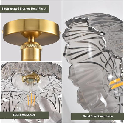 Semi Flush Mount Ceiling Light Mid Century Modern Floral Smoke Gray Glass Shade, Close to Ceiling Lighting Fixtures for Bedroom, Bathroom, Kitchen, Closet Laundry Room, Foyer and Hallway 9.45 in