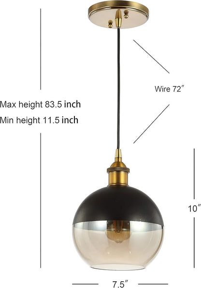 JONATHAN Y 7.5" Brass Gold/Black Mid-Century Modern Globe Pendant Light, Adjustable LED Hanging Ceiling Fixture, Champagne Smoked Glass Shade for Kitchen Island JYL3513A