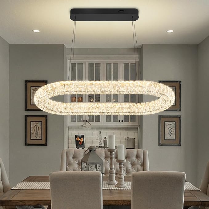 Crystal Ring Chandelier, 31.5'' Black Crystal Ring Pendant Light for Kitchen Island Modern Linear Oval Chandeliers for Dining Room Dimmable 3000K-6000K