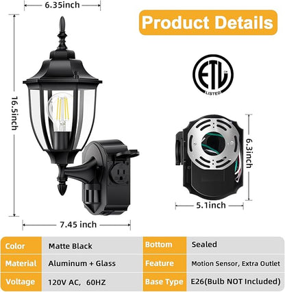 2 Pack Porch Lights Outdoor with Outlet, Motion Sensor outdoor wall lights, Updated Dusk to Dawn Exterior Lighting Fixtures Waterproof Anti-Rust Aluminum Outside for House Entryway Garage, Black