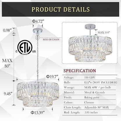 CATINER 20'' Modern Crystal Chandelier Luxury 6-Lights Chrome Semi Flush Mount Ceiling Light Fixtures Round Crystal Pendant Chandelier for Living Room Dining Room Kitchen Foyer Bedroom