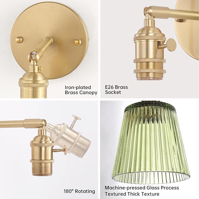 Shenmoyl Vintage Wall Sconces Set of 2 with Green Stripe Glass Lampshade 180 Degree Adjustable Brass Sconces Hradwired Modern Wall Lighting Fixture with Switch for Bedside Bedroom Doorway
