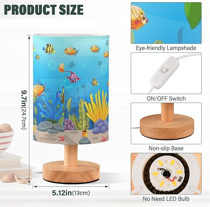 Table Lamp Colorful Underwater Sea Turtle Octopus Crab Fish Coral Aquatic Nightstand Lamp with Wood Base Fabric Lamp Shade Bedside Desk Lamp for Living Room Bedroom Kids Room Office