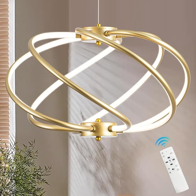 Gold Modern Chandelier with Remote Control, 48W 3-Color Temperature Dimmable LED Chandelier for Dining Room, Hanging Adjustable Pendant Light for Living Room Kitchen Foyer Entryway