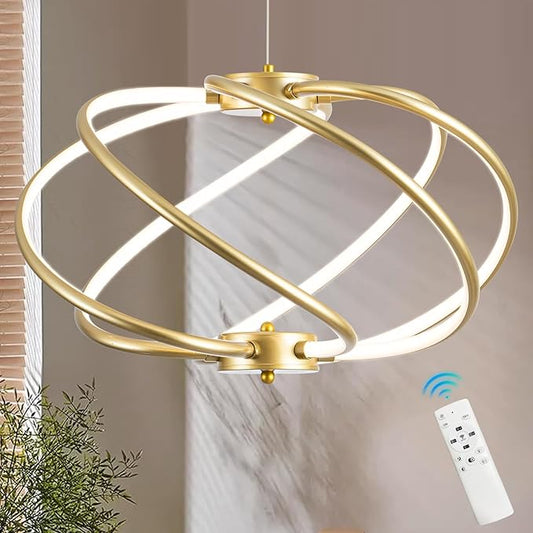 Gold Modern Chandelier with Remote Control, 48W 3-Color Temperature Dimmable LED Chandelier for Dining Room, Hanging Adjustable Pendant Light for Living Room Kitchen Foyer Entryway