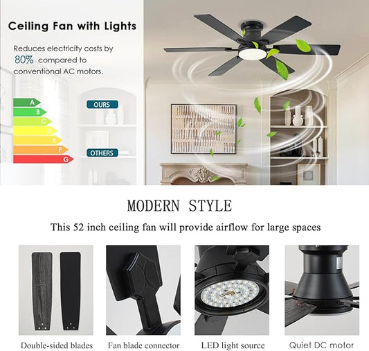 52inch Low Profile Ceiling Fan with Light and Remote/APP Control, LED Dimmable DC ReversibleModern, Flush Mount,6 Blade,Black Ceiling Fan for Bedroom Living Room/Outdoor Use