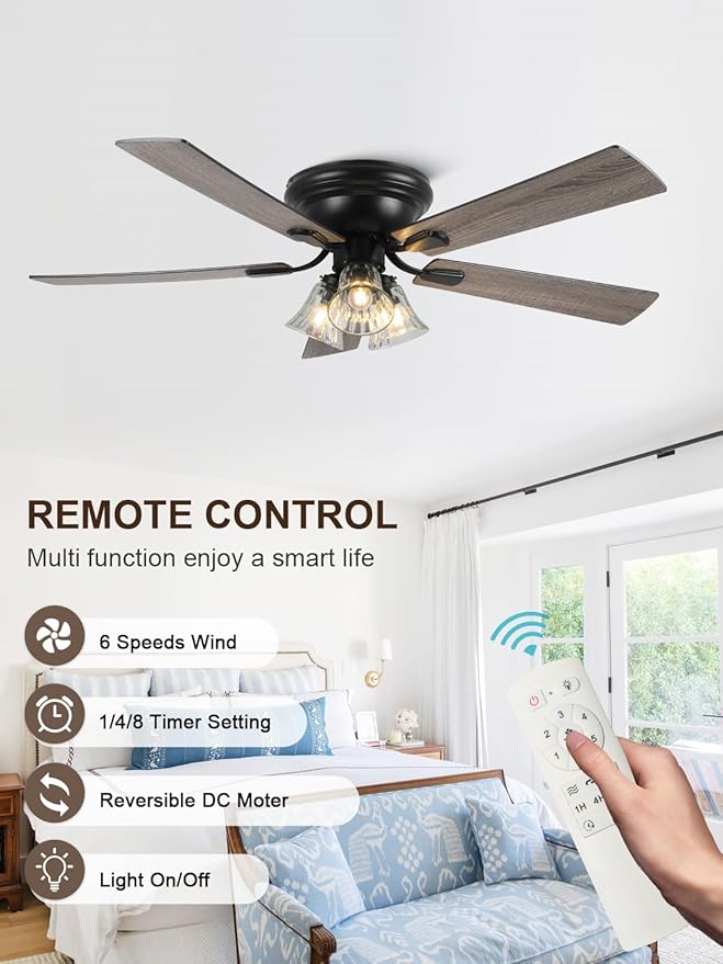 52 Inch Vintage Ceiling Fan with Lights Flush Mount Chandelier Ceiling Fan Indoor Farmhouse Rustic Chandelier Low Profile Antique Fandelier, 3 LED Light Bulbs Base, for Bedroom Living Room