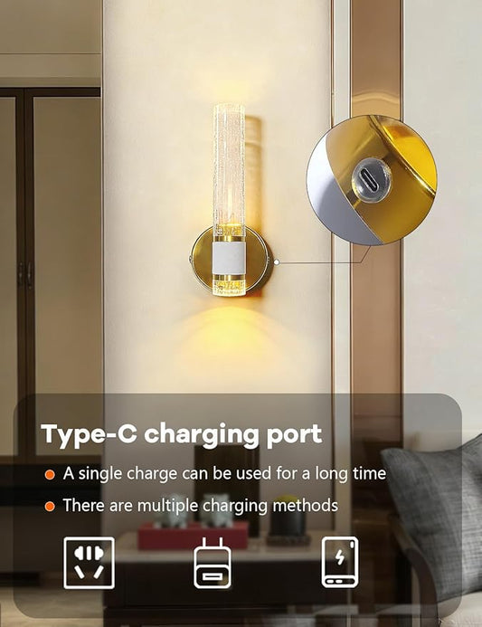 Gold Battery Operated Wall Sconces Set of Two, Dimmable Timer Wall Lamp Wireless Rechargeable Wall Light for Home Decor Living Room Bedroom Bedside Study Room Bathroom