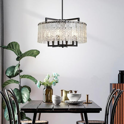 Shrine Lighting Crystal Chandeliers, Modern Luxury Style, Perfect Pendant Light Fixture for Living Space, D20'' × H4'', Adjustable 43'', 6 x E12 Sockets, Glass Shade & Black Finish Frame