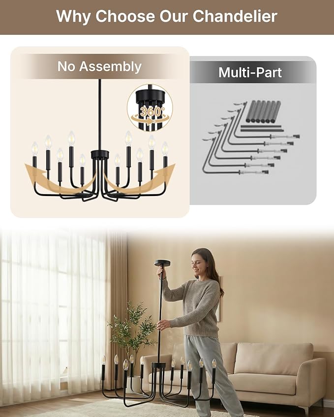 Yunnix 10 Light Matte Black Chandelier, Farmhouse Chandeliers for Dining Room Lighting Fixtures Hanging with Wrought Iron for Bedroom, Kitchen Foyer and Living Room