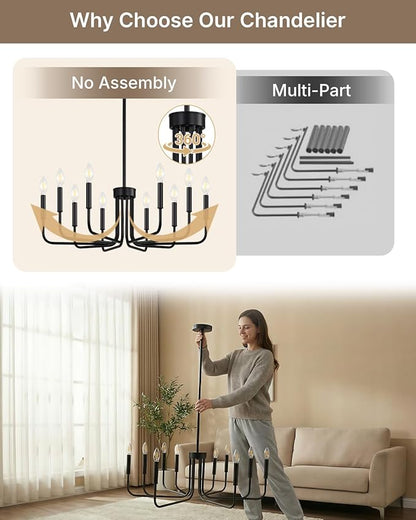 Yunnix 10 Light Matte Black Chandelier, Farmhouse Chandeliers for Dining Room Lighting Fixtures Hanging with Wrought Iron for Bedroom, Kitchen Foyer and Living Room