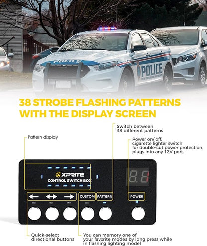 Xprite Red Blue Rooftop Emergency Strobe Light Bar, Beacon Safety Flashing Police Lights w/Control Panel Magnetic Base for Police Law Enforcement POV Vehicles Trucks