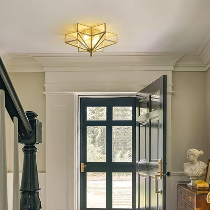 Star Brass Glass Ceiling Light - Small 12 in Gold Hammered Flush Mount Fixture - Unique Art Deco Vintage Modern Lighting Lights for Bedroom Dining Foyer Entryway Hall Hallway Outdoor Porch