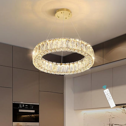 HAIXIANG Modern Crystal Chandelier Dimmable LED 16 Inch Ring Pendant Lights Adjustable Glam Chandeliers Lighting Fixtures for Dining Room Living Room Bedroom Gold Light