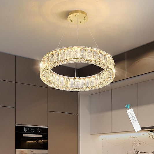 HAIXIANG Modern Crystal Chandelier Dimmable LED 16 Inch Ring Pendant Lights Adjustable Glam Chandeliers Lighting Fixtures for Dining Room Living Room Bedroom Gold Light