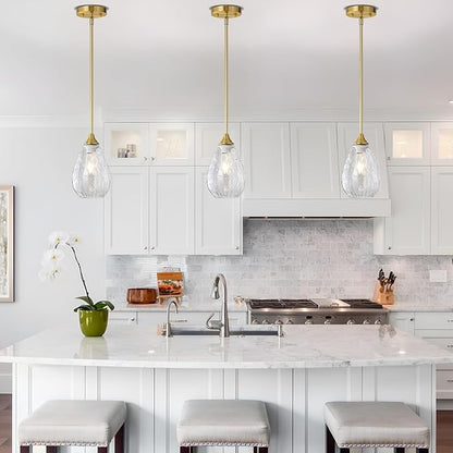 Glass Pendant Lights Kitchen Island, 1-Light Modern Brushed Gold Pendant Light Fixtures with Hammered Glass and Rods, Small Hanging Light for Kitchen Sink Dining Room Bathroom