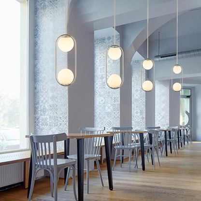 BYOLIIMA Modern Globe Pendant Light 2-Lights Brushed Nickel Chandelier Mid Century Ceiling Hanging Lighting Fixture White Globe Glass Shades for Kitchen Island Dining Room Bedroom