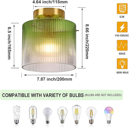 Modern Semi Flush Mount Ceiling Light, Vintage Gradient Green Glass Ceiling Light Fixture, for Closet Dining Room Kitchen Bedroom Entryway Hallway Hanging Lamp