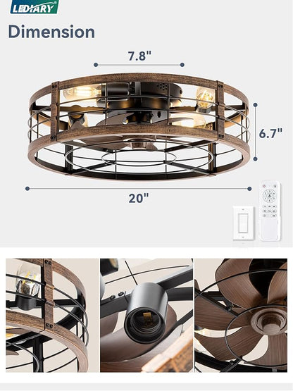 LEDIARY 20" Caged Ceiling Fan with Light and Remote, Low Profile Flush Mount Fandelier, Black Gold Bladeless Enclosed Small Fan Lights Ceiling Fixtures, Rustic Farmhouse Style for Bedroom, Outdoor
