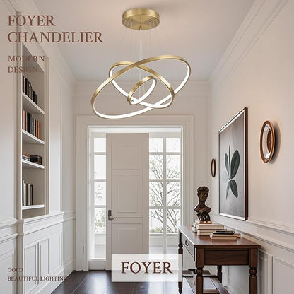 3 Ring Modern LED Chandelier Gold Dimmable Round Chandeliers, LED Circular Pendant Light Fixture with Remote Control for Living Room, Dining Room, Office, Entry, Bedroom