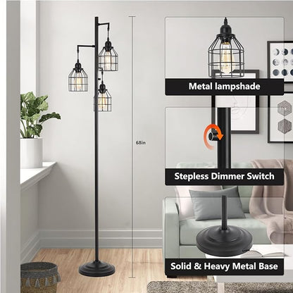 9MMML Floor Lamp for Living Room, Farmhouse Industrial Dimmable Floor lamp,3 Lights Metal Cage Tree Standing Lamp,68", 3Pcs Led Bulbs Included